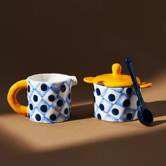 Anthropologie Ceramic Tivoli Creamer and Sugar Bowl Set with Spoon - Picture 1 of 8
